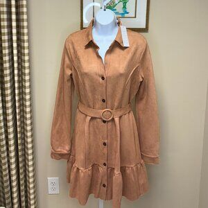 Suede Belted Long Sleeve Mini Dress